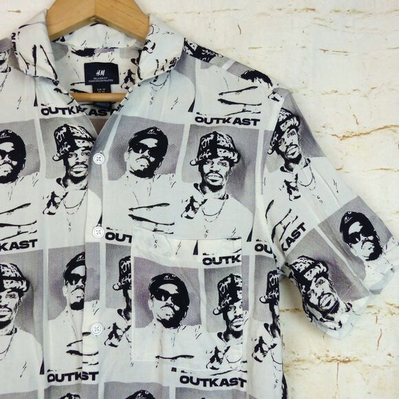 H&M x Outkast Shirt Mens XS Relaxed Ivory Black Graphic Button Camp Hip Hop Rap - Picture 2 of 10